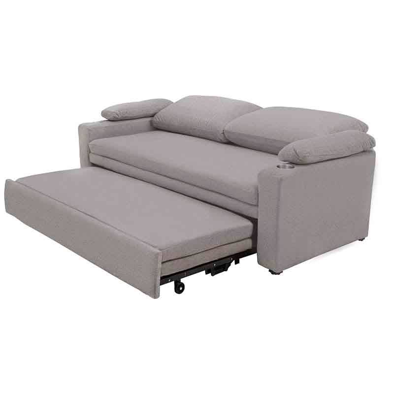 Sofá cama matrimonial Vittorio de Deurope en gris claro con tapiz de tela, frente y detalles en plata, 213 cm de ancho.