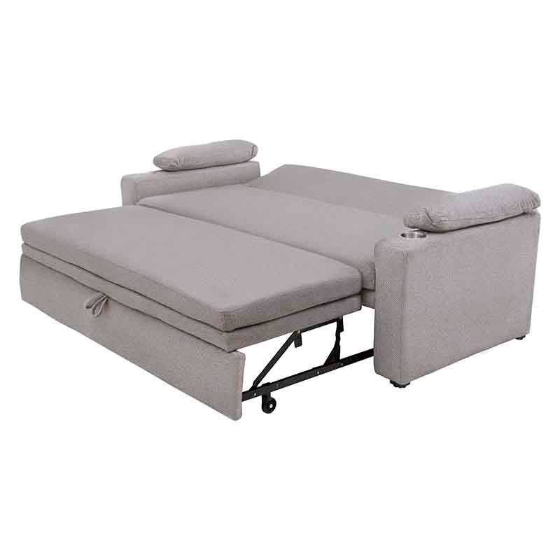 Sofá cama matrimonial Vittorio de color gris claro, tapizado en tela, con respaldo y asiento cómodos, mide 213 cm de ancho.