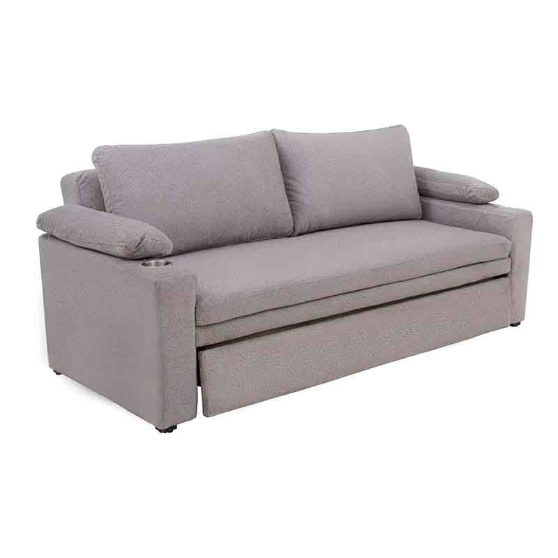 Sofá cama matrimonial Vittorio de Deurope en tela gris claro, con diseño moderno y espacio para dormir, frente y vista lateral.