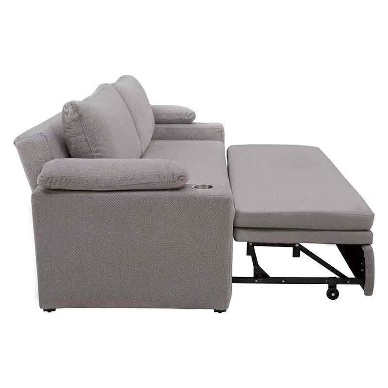 Sofá cama matrimonial Vittorio de Deurope en gris claro con tapiz de tela, frente y dimensiones visibles.