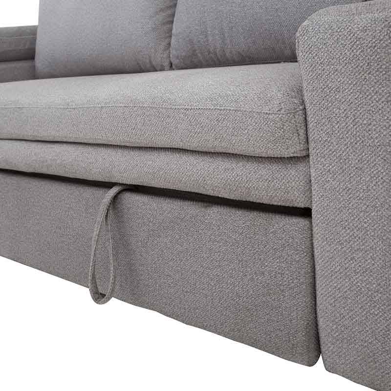Sofá cama matrimonial Vittorio en tapiz de tela gris claro, con estructura moderna y espacio para dormir, deuree.com.mx