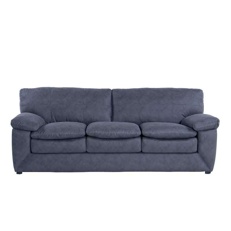 Sofá Calvin de color gris en microfibra nobuck, con respaldo y cojines, mide 223 cm de ancho, 90 cm de alto y 91 cm de fondo.