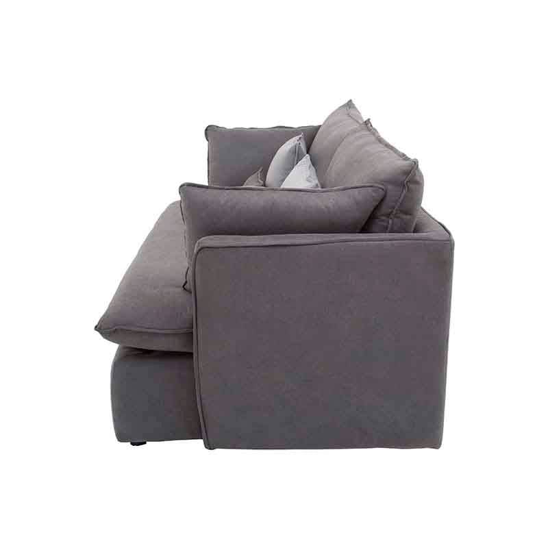 Sofá cama Calm de Deurope en tela gris Oxford, con cojines y estructura moderna, frente de 214 cm, alto 95 cm, fondo 112 cm.
