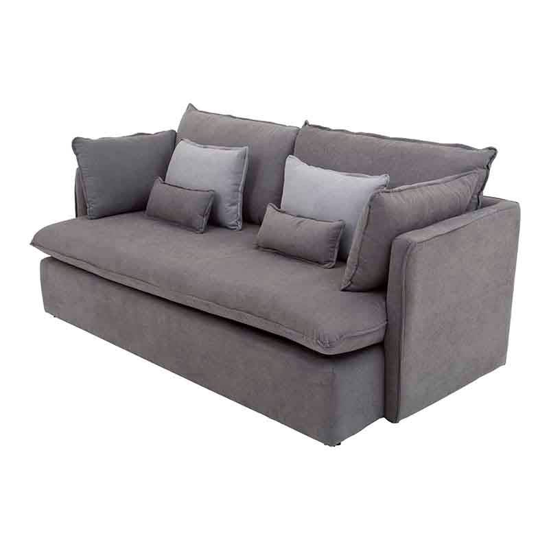 Sofá cama Calm de Deurope en tela gris oxford, con respaldo y asiento acolchados, mide 214 cm de ancho, 95 cm de alto y 112 cm de fondo.