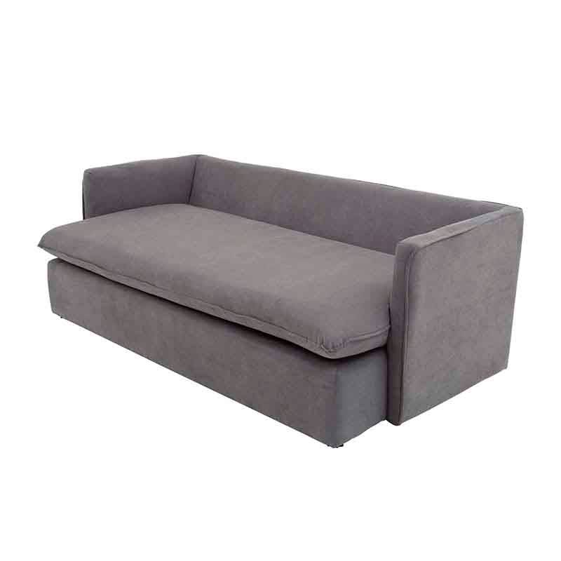 Sofá cama Calm de Deurope en tela gris oxford, vista frontal, con respaldo y asientos acolchados, dimensiones 214x95x112 cm.