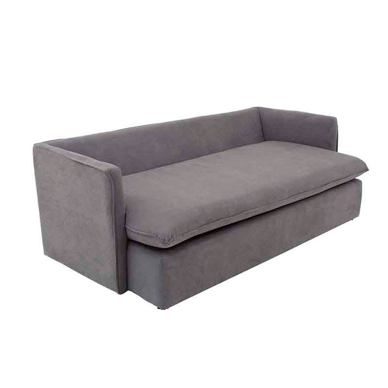 Sofá cama Calm de color gris oxford, tapizado en tela, con dimensiones de 214 cm de largo, 95 cm de alto y 112 cm de fondo.