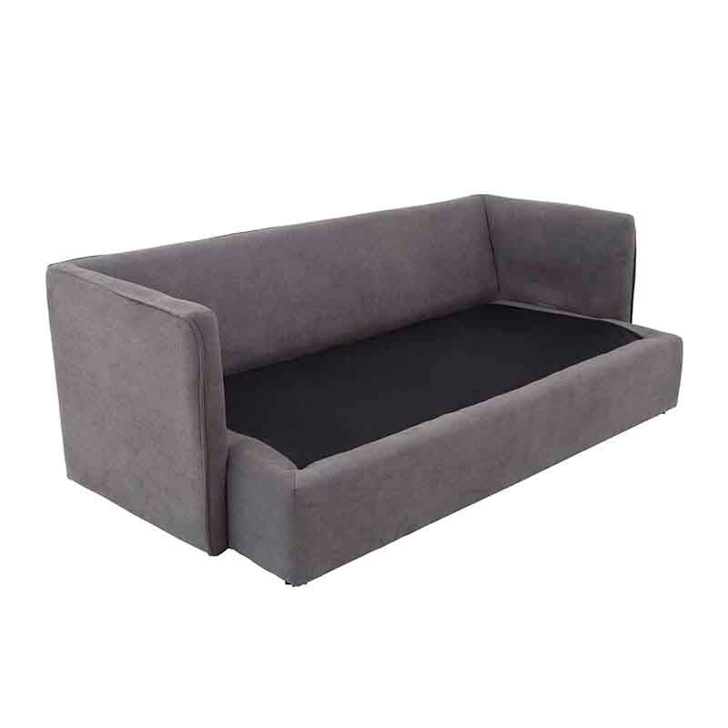 Sofá cama Calm de color gris oxford, tapizado en tela, con respaldo y asientos cómodos, dimensiones 214x95x112 cm.