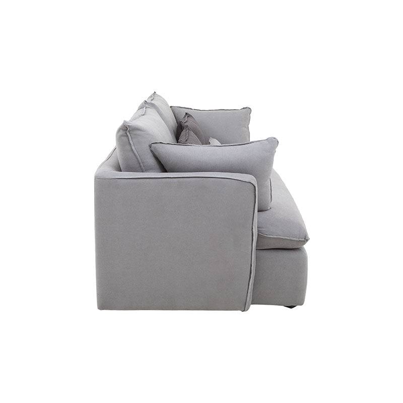 Sofá cama Calm de Deurope en tela gris Oxford, con respaldo y brazos acolchados, mide 214 cm de largo y 95 cm de alto.