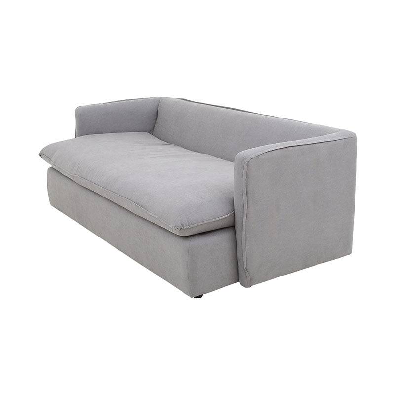 Sofá cama Calm de lujo en gris Oxford, tapizado en tela, con estructura moderna y tamaño amplio, de aproximadamente 214 cm de ancho.