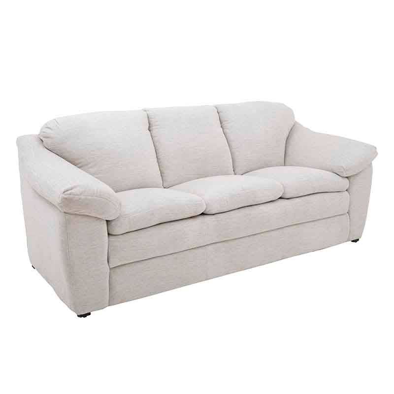 Sofá Chloe de 2 piezas en tela marfil, con estructura moderna, en sala elegante y cómoda.