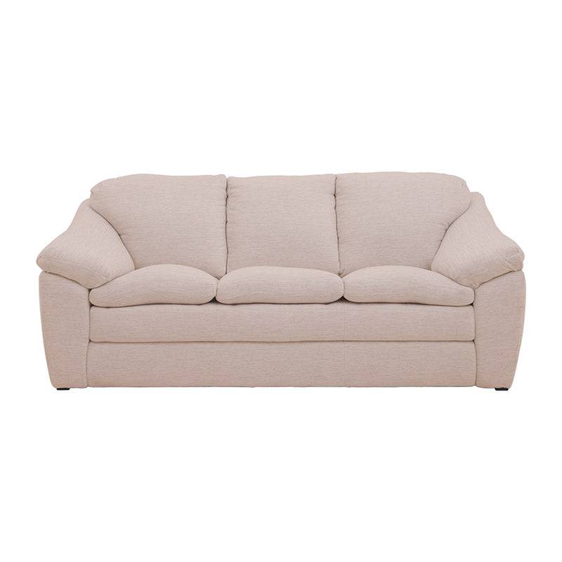 Sofá Chloe de 2 piezas en tela marfil, con diseño moderno y cómodo, mide 212 cm de ancho, 90 cm de alto y 96 cm de fondo.