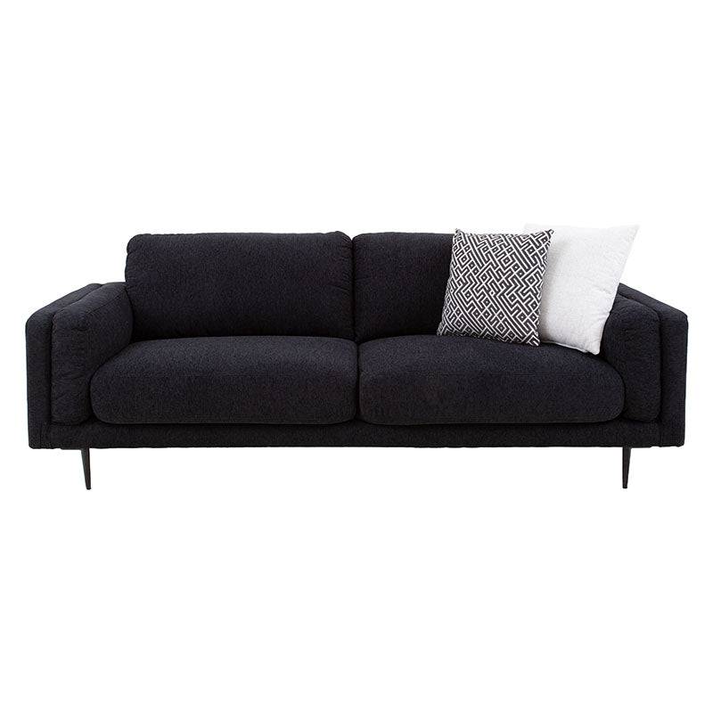 Sofá Alessandra de 2 piezas en tapizado negro de tejido plano afelpado, con estructura moderna y cómodo diseño para sala.