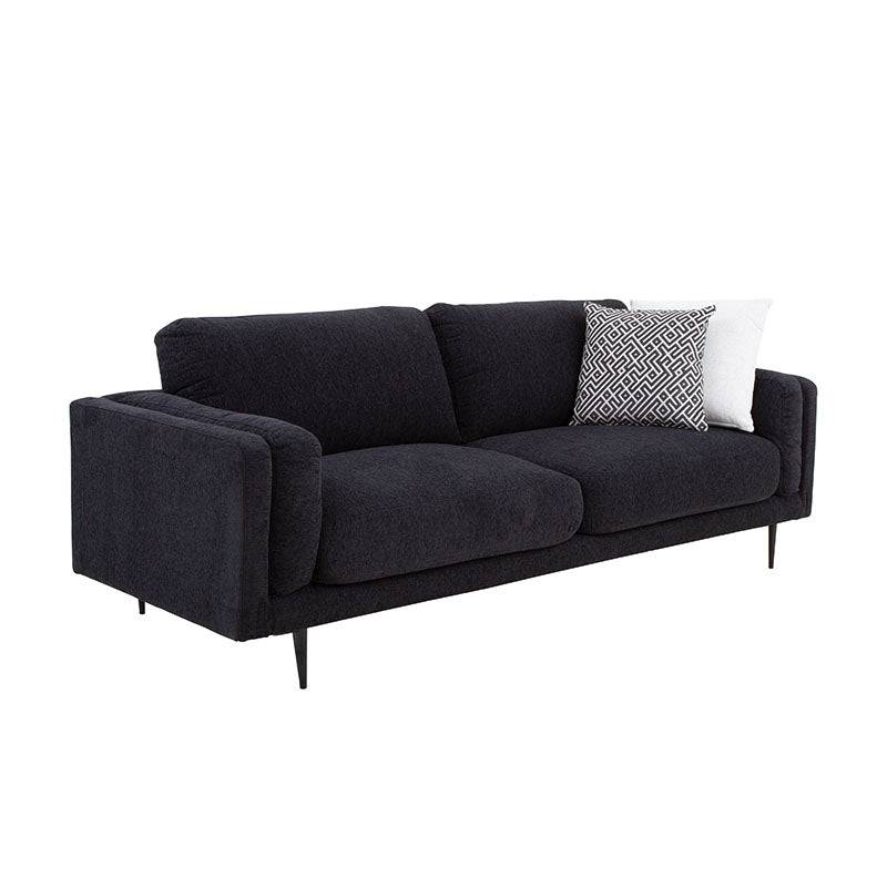 Sofa de sala Alessandra de 2 piezas en tapiz negro, con estructura moderna y cojines acolchados, deupeport.com.mx