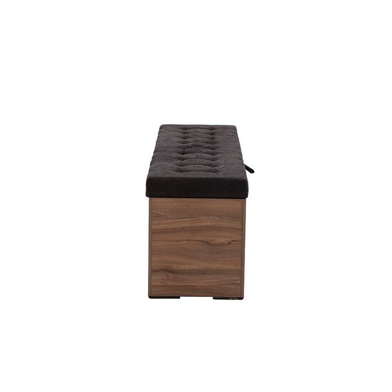 Zapatera Lazy de Deurope en madera oscura con estructura de melamina y tela de tejido plano, mide 120 cm de ancho y 47 cm de alto.