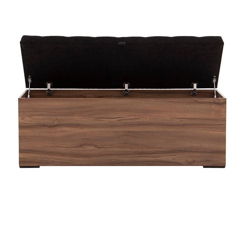 Zapatera deoupe.com.mx, estructura en nogal negro con tapiz de tela tejida, 120x47x40 cm, estilo moderno y funcional.